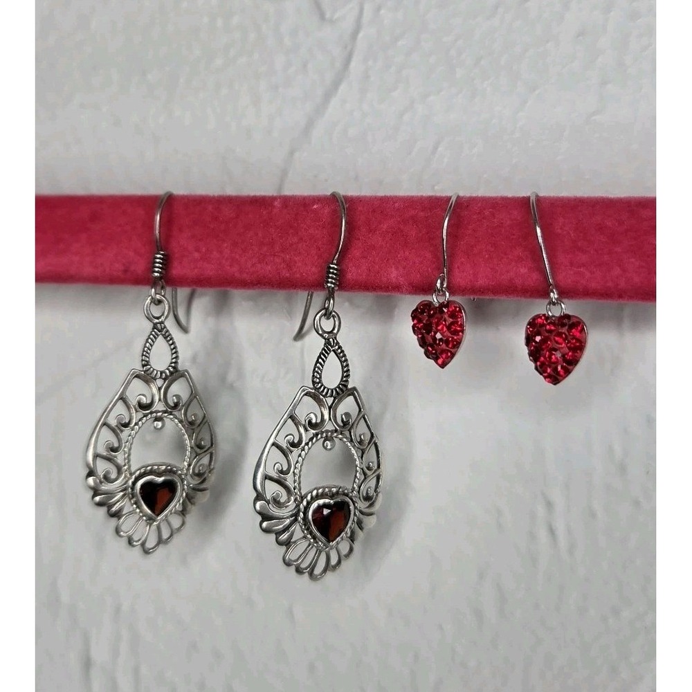 Sterling 925 Silver Stamped Earrings Set Bundle Heart Crystal Garnet Red Dangly